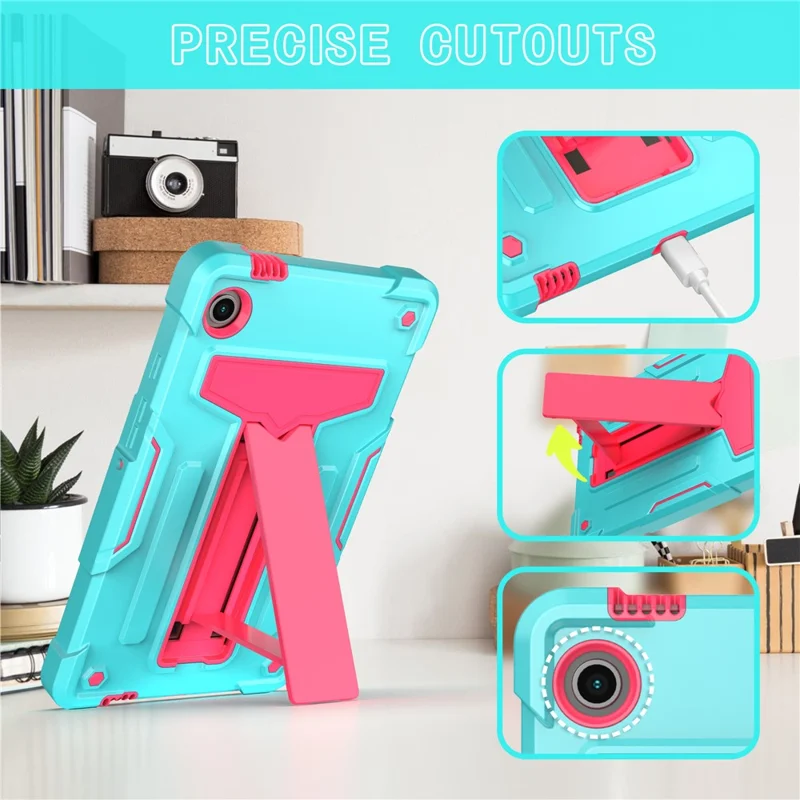 For Samsung Galaxy Tab A9 PC+Silicone Case T-Shaped Kickstand Protective Tablet Cover - Mint Green / Rose