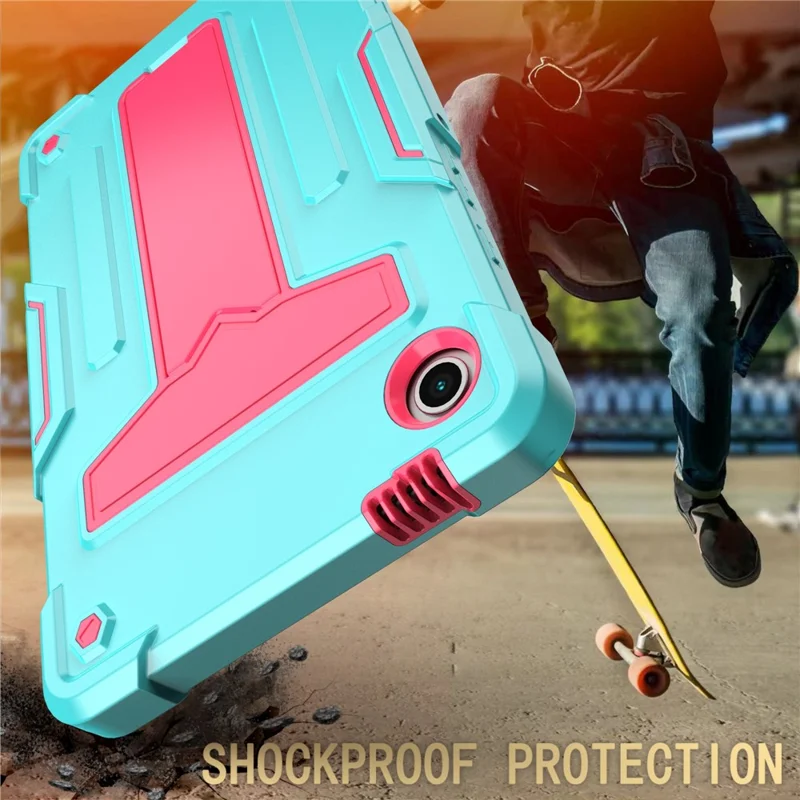 For Samsung Galaxy Tab A9 PC+Silicone Case T-Shaped Kickstand Protective Tablet Cover - Mint Green / Rose