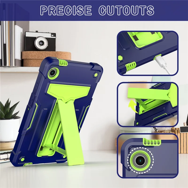 For Samsung Galaxy Tab A9 PC+Silicone Case T-Shaped Kickstand Protective Tablet Cover - Navy Blue / Green