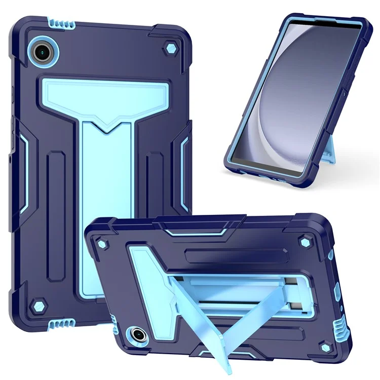 For Samsung Galaxy Tab A9 PC+Silicone Case T-Shaped Kickstand Protective Tablet Cover - Navy Blue / Blue