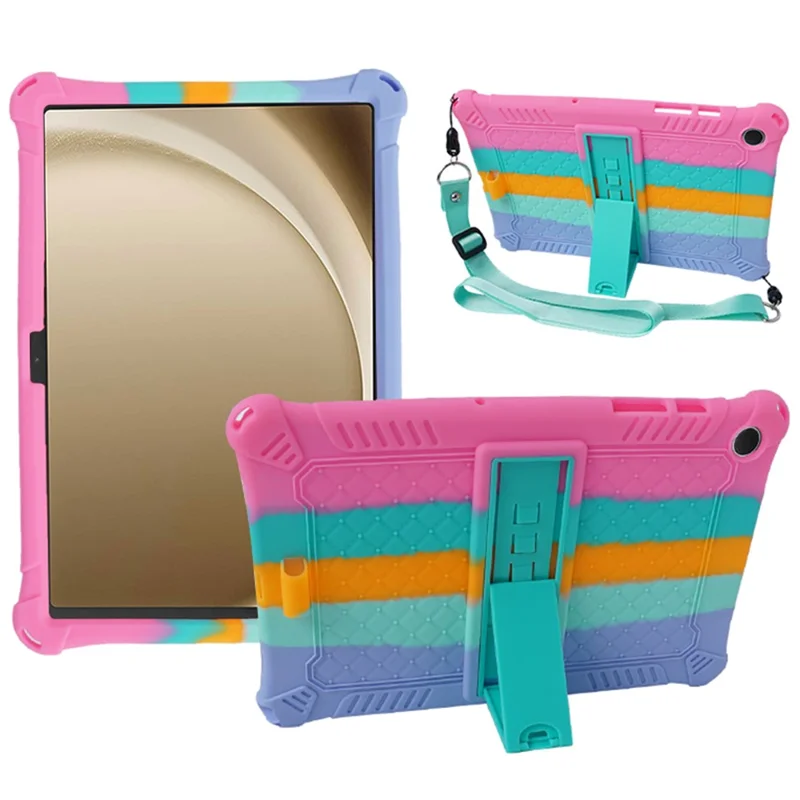 For Samsung Galaxy Tab A9+ X210 / X215 / X216 Silicone Case Kickstand Tablet Cover with Lanyard - Colorful Pink