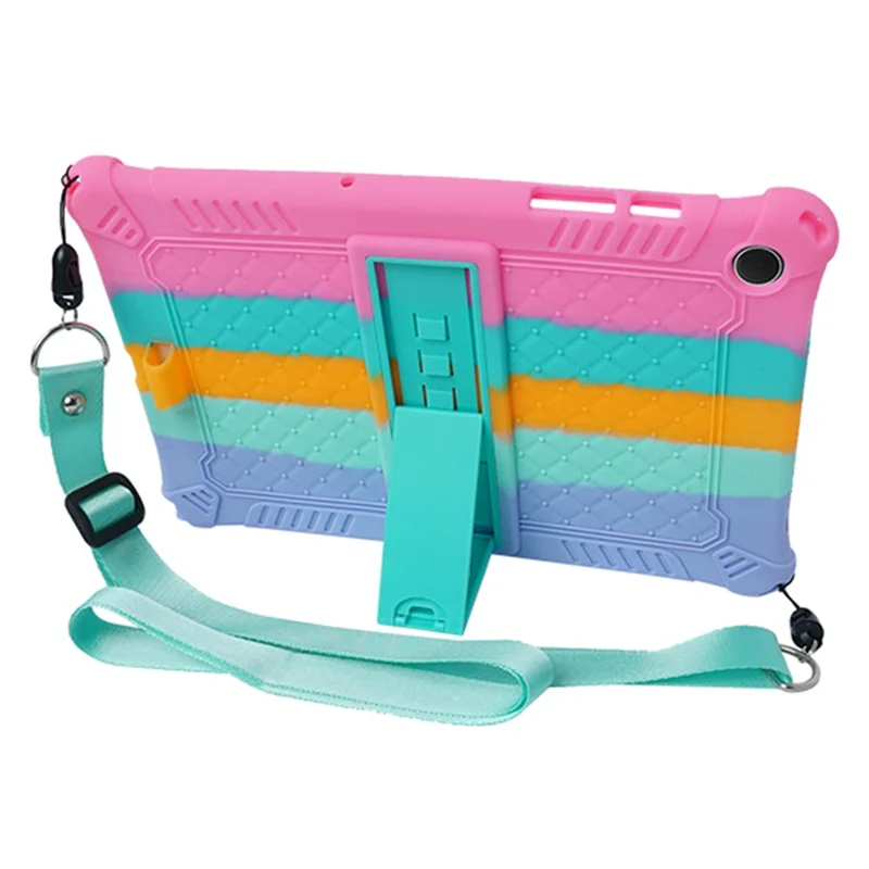 For Samsung Galaxy Tab A9+ X210 / X215 / X216 Silicone Case Kickstand Tablet Cover with Lanyard - Colorful Pink