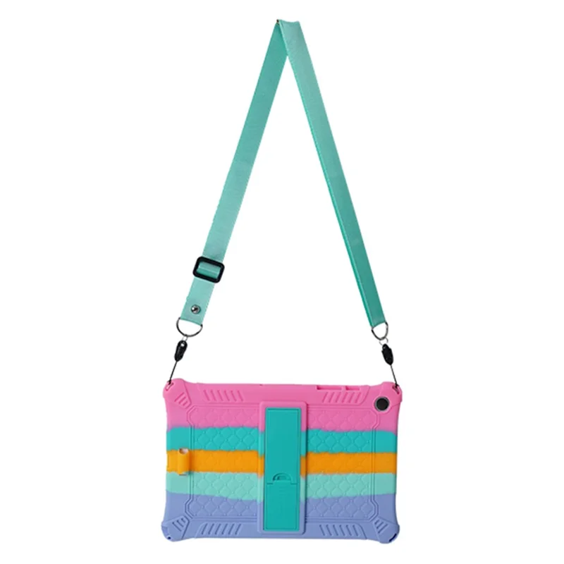 For Samsung Galaxy Tab A9+ X210 / X215 / X216 Silicone Case Kickstand Tablet Cover with Lanyard - Colorful Pink