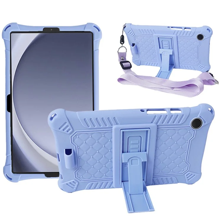 For Samsung Galaxy Tab A9 Retro Texture Silicone Case Kickstand Tablet Cover with Shoulder Strap - Light Purple