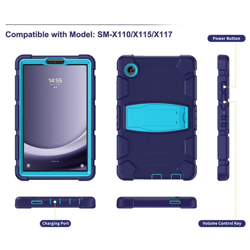 For Samsung Galaxy Tab A9 Tablet Case Anti-drop Kickstand PC+Silicone Protective Cover -  Navy Blue  /  Blue