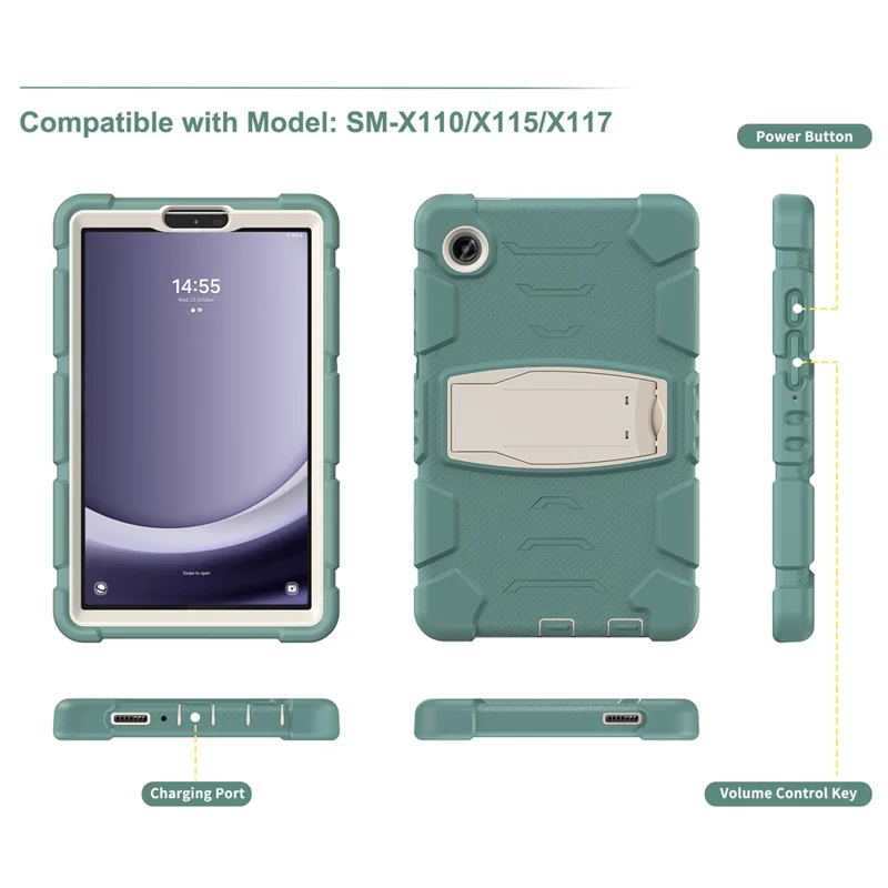 For Samsung Galaxy Tab A9 Tablet Case Anti-drop Kickstand PC+Silicone Protective Cover - Emerald Green