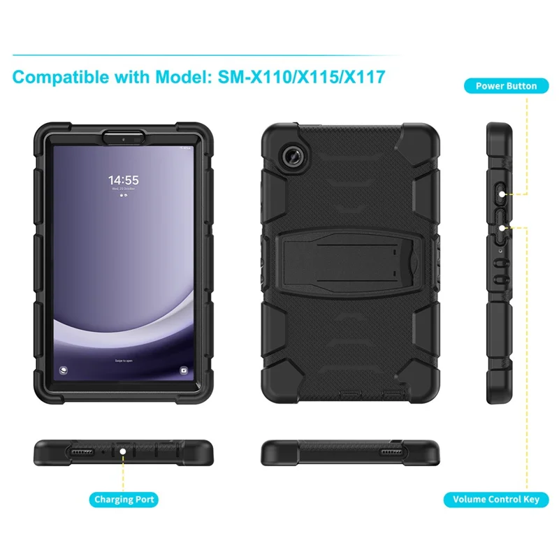 For Samsung Galaxy Tab A9 Tablet Case Anti-drop Kickstand PC+Silicone Protective Cover - Black  /  Black