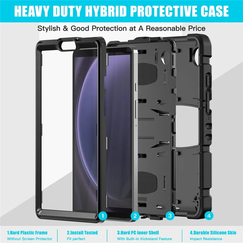 For Samsung Galaxy Tab A9 Tablet Case Anti-drop Kickstand PC+Silicone Protective Cover - Black  /  Black