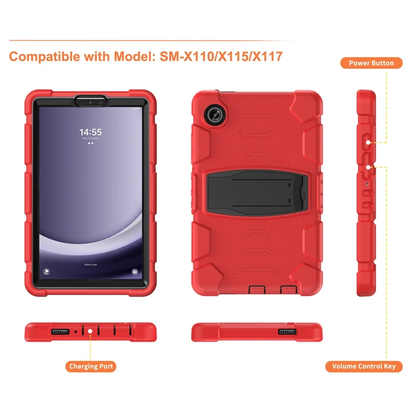 For Samsung Galaxy Tab A9 Tablet Case Anti-drop Kickstand PC+Silicone Protective Cover - Red  /  Black