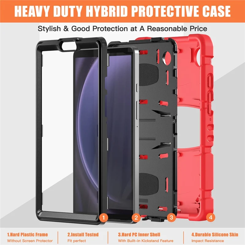 For Samsung Galaxy Tab A9 Tablet Case Anti-drop Kickstand PC+Silicone Protective Cover - Red  /  Black