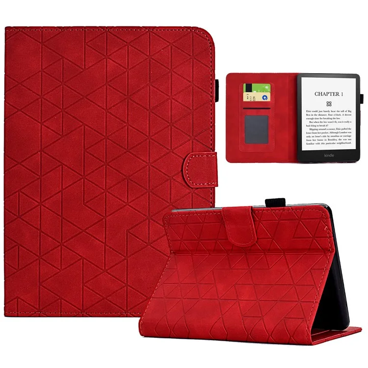 For Amazon Kindle 11th (2024) / 6'' (2022) Case Anti-Drop PU Leather Rhombus Pattern Stand E-Reader Cover - Red