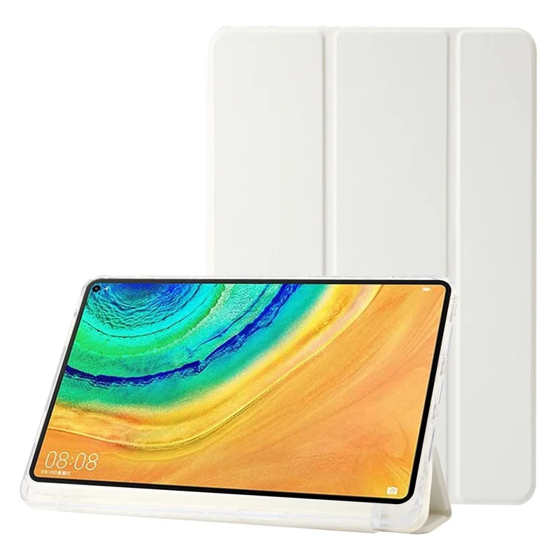 For Huawei MatePad Pro 10.8 (2021) Case Tri-fold Stand Leather+TPU+Acrylic Clear Back Cover - White