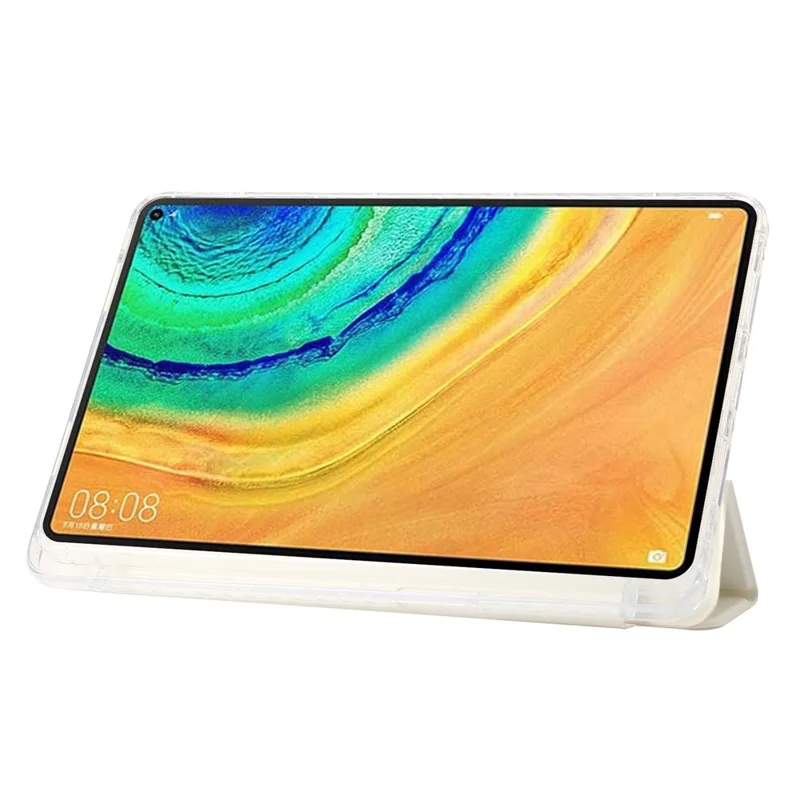 For Huawei MatePad Pro 10.8 (2021) Case Tri-fold Stand Leather+TPU+Acrylic Clear Back Cover - White