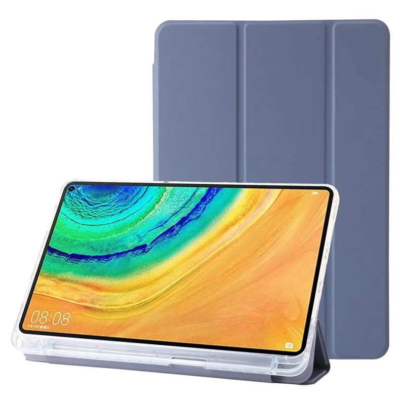 Per Huawei MatePad Pro 10.8 (2021) Cover Tri-fold Stand Pelle+TPU+Custodia Posteriore Acrilica Trasparente - Lavanda Viola