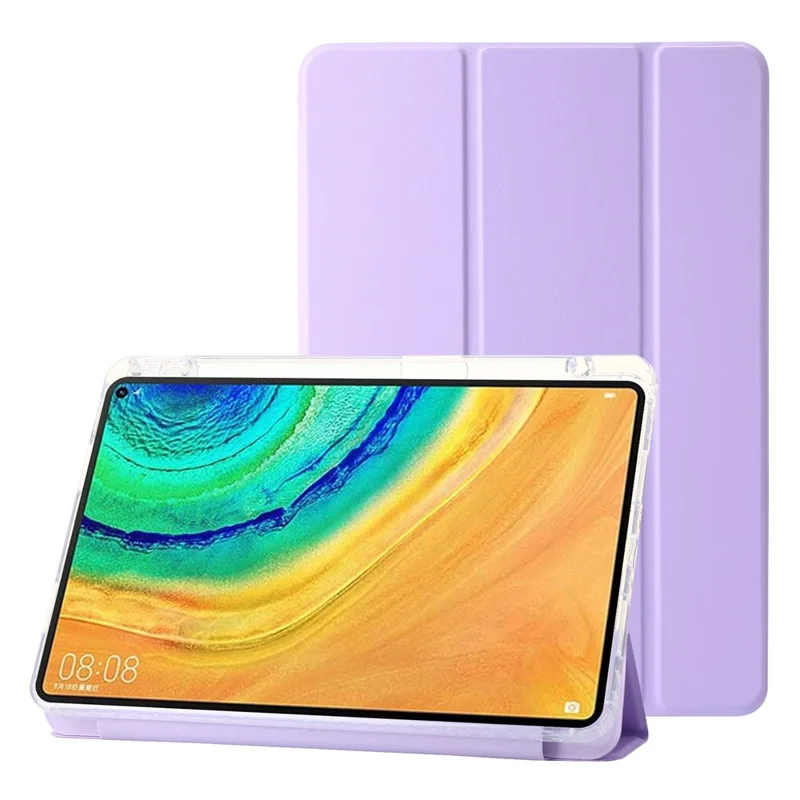 For Huawei MatePad Pro 10.8 (2021) Case Tri-fold Stand Leather+TPU+Acrylic Clear Back Cover - Purple