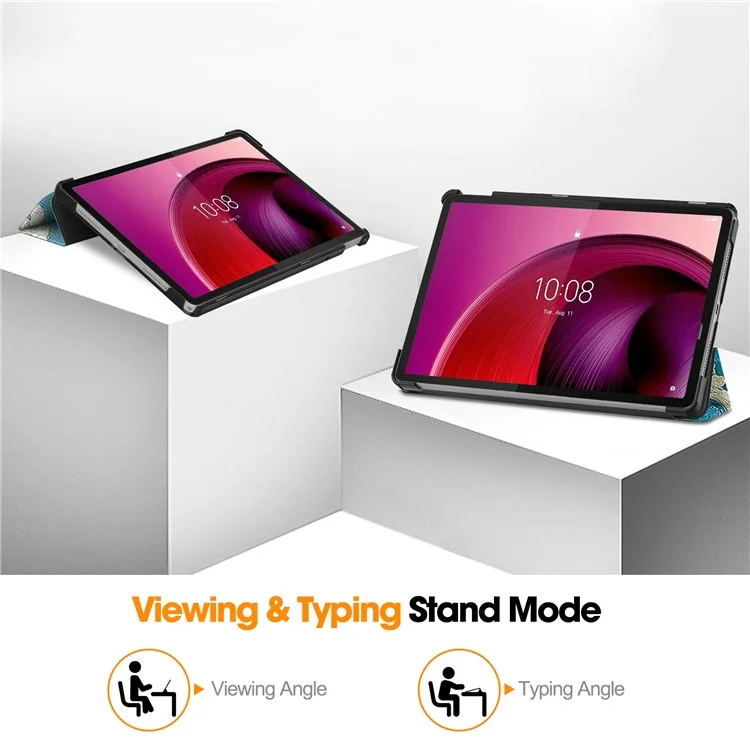 Para Lenovo Tab M11 Cague Trifold Stand Padrão de Impressão de Comprimido Campa de Couro - Flor de Damasco