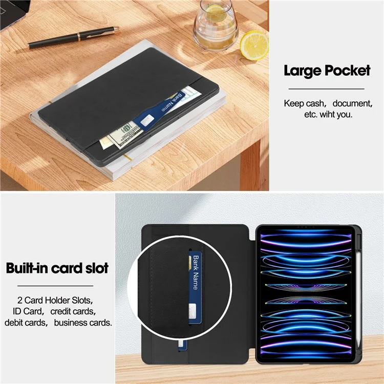 Para iPad Pro 11 (2020) / (2021) / (2022) / iPad Air 11 (2024) / Air (2022) / (2020) Capa para Tablet Caso Capa de Couro PU Carteira - Preto