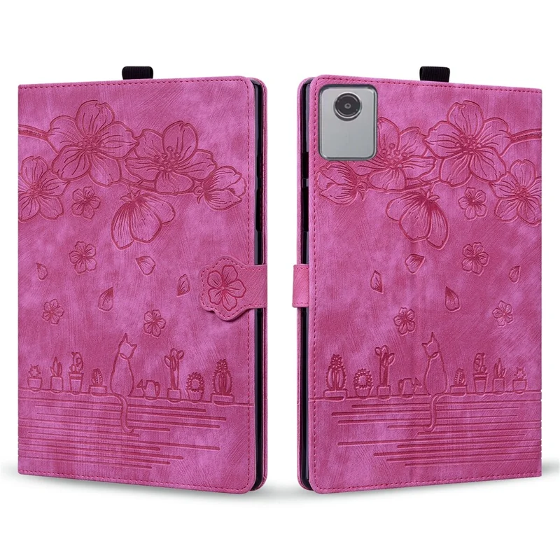 For Lenovo Tab M11 / Xiaoxin Pad 11 2024 Tablet Case Flower Cat Imprint Folio PU Leather Cover - Rose
