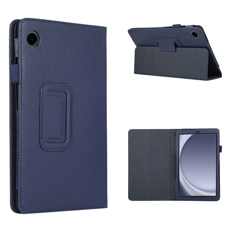 Para la funda de la tableta Samsung Galaxy Tab A9, textura de litchi de piel de PU, cubierta plegable de pie - azul oscuro
