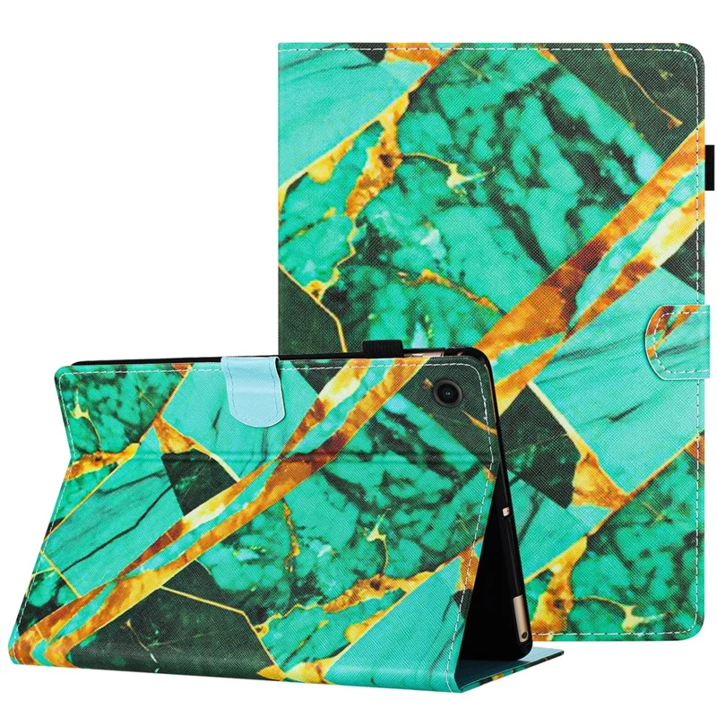 For Samsung Galaxy Tab A8 10.5 (2021) X205 X200 / (2022) Case Pattern PU Leather Stand Cover - Gold+Green Marble