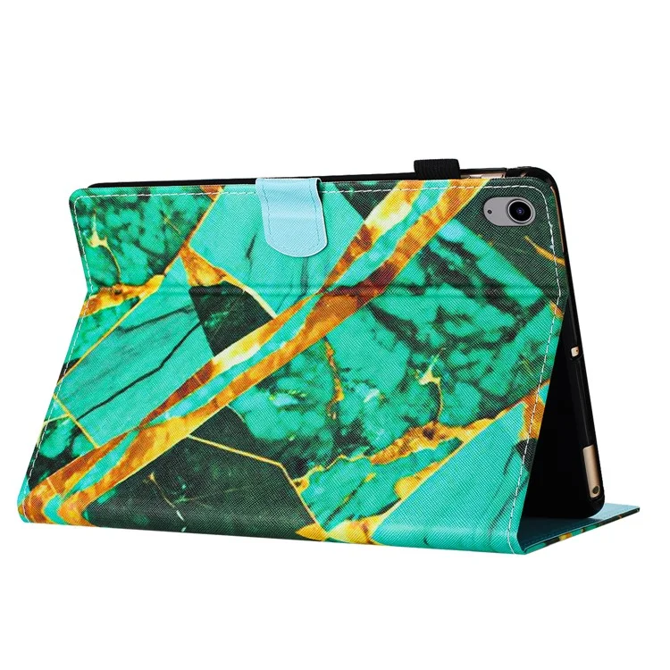 For iPad (2025) / 10.9 (2022) Folding Stand Cover PU Leather Pattern Printed Tablet Case - Gold+Green Marble