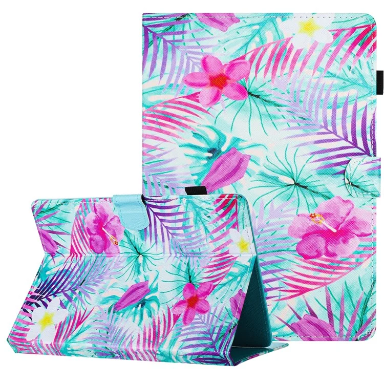 Universal 8-inch Tablet Case PU Leather Pattern Viewing Stand Cover - Leaves and Flowers