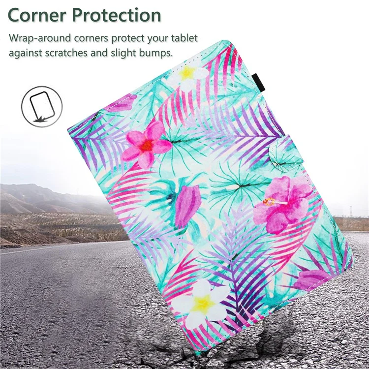 Universal 8-inch Tablet Case PU Leather Pattern Viewing Stand Cover - Leaves and Flowers