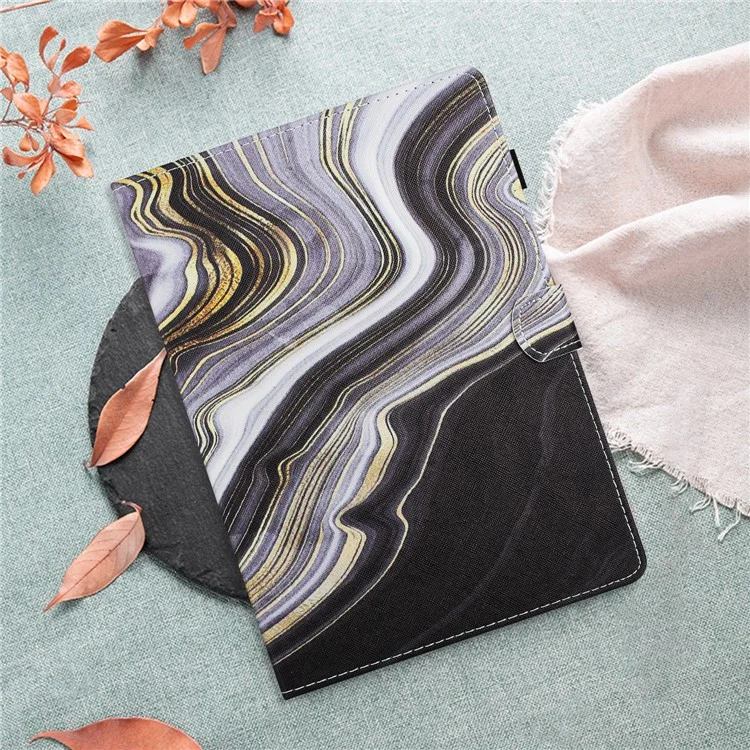 For Amazon Fire 7 (2022) Leather Smart Case Pattern Tablet Cover with Card Holder - Black+Gold Marble