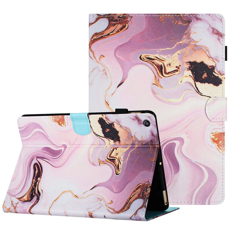For Amazon Fire HD 10 (2015) / (2017) / (2019) Tablet Case Stand PU Leather Pattern Cover - Gold+Pink Marble