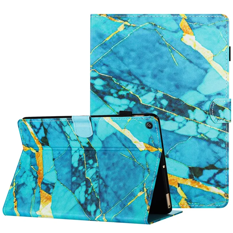 For Amazon Fire HD 10 (2015) / (2017) / (2019) Tablet Case Stand PU Leather Pattern Cover - Gold+Blue Marble