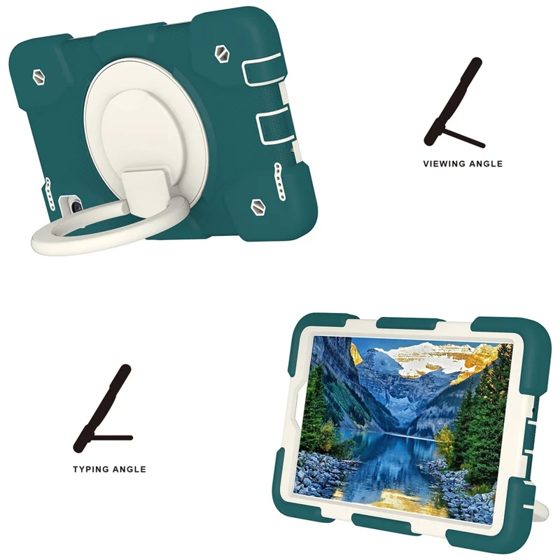 For Samsung Galaxy Tab A9 Case PC+Silicone Ring Kickstand Tablet Cover with Shoulder Strap - Blackish Green