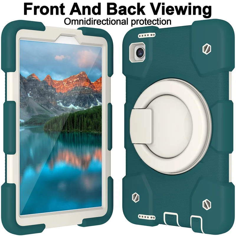For Samsung Galaxy Tab A9 Case PC+Silicone Ring Kickstand Tablet Cover with Shoulder Strap - Blackish Green