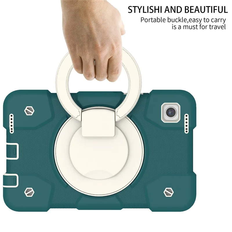 For Samsung Galaxy Tab A9 Case PC+Silicone Ring Kickstand Tablet Cover with Shoulder Strap - Blackish Green