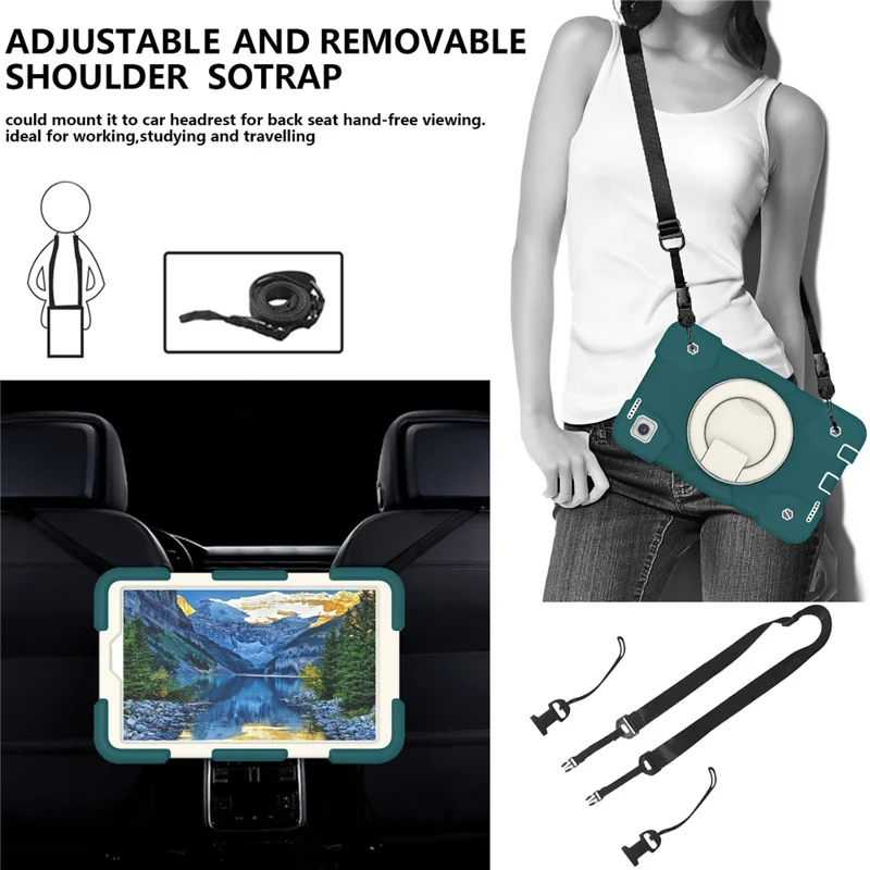 For Samsung Galaxy Tab A9 Case PC+Silicone Ring Kickstand Tablet Cover with Shoulder Strap - Blackish Green