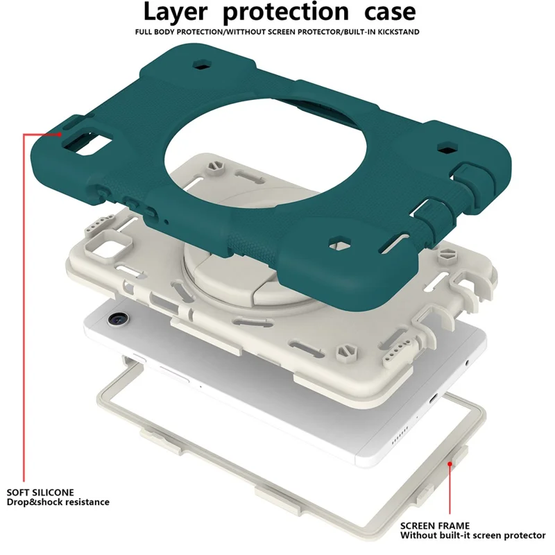 For Samsung Galaxy Tab A9 Case PC+Silicone Ring Kickstand Tablet Cover with Shoulder Strap - Blackish Green
