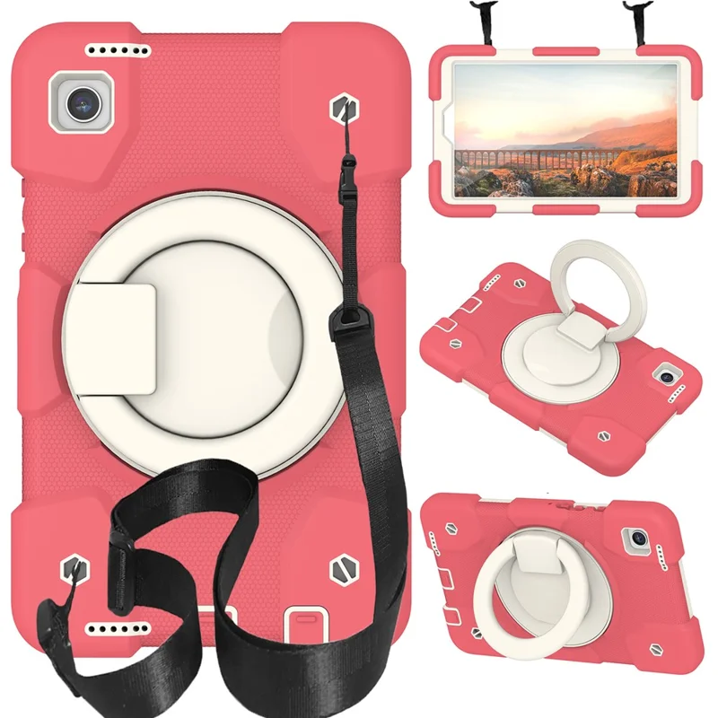 For Samsung Galaxy Tab A9 Case PC+Silicone Ring Kickstand Tablet Cover with Shoulder Strap - Begonia Red