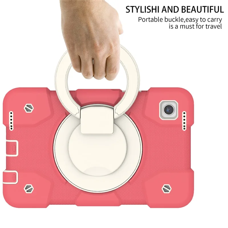For Samsung Galaxy Tab A9 Case PC+Silicone Ring Kickstand Tablet Cover with Shoulder Strap - Begonia Red