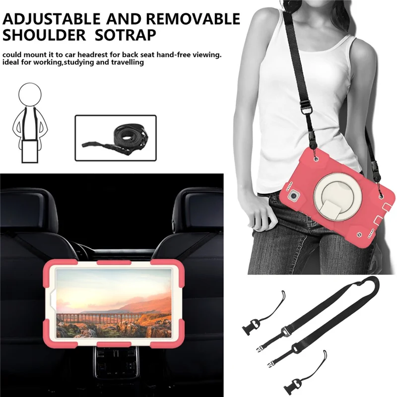 For Samsung Galaxy Tab A9 Case PC+Silicone Ring Kickstand Tablet Cover with Shoulder Strap - Begonia Red