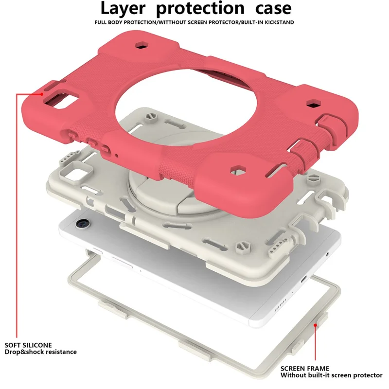 For Samsung Galaxy Tab A9 Case PC+Silicone Ring Kickstand Tablet Cover with Shoulder Strap - Begonia Red