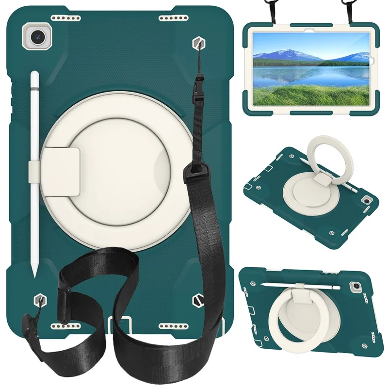 For Samsung Galaxy Tab A9+ Case Scratch-proof PC+Silicone Tablet Cover with Ring Kickstand - Blackish Green