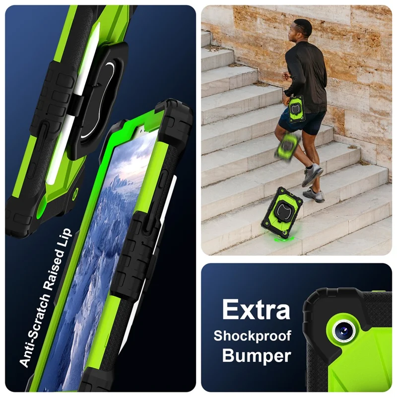 For Samsung Galaxy Tab A9 Kickstand Case PC+Silicone Tablet Cover with Shoulder Strap - Black+Yellowgreen