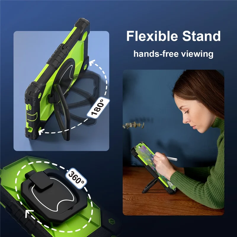 For Samsung Galaxy Tab A9 Kickstand Case PC+Silicone Tablet Cover with Shoulder Strap - Black+Yellowgreen