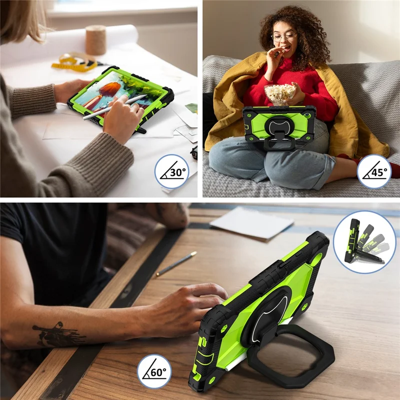 For Samsung Galaxy Tab A9 Kickstand Case PC+Silicone Tablet Cover with Shoulder Strap - Black+Yellowgreen