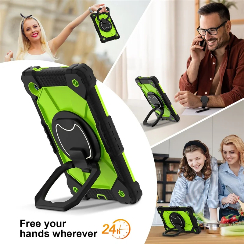 For Samsung Galaxy Tab A9 Kickstand Case PC+Silicone Tablet Cover with Shoulder Strap - Black+Yellowgreen