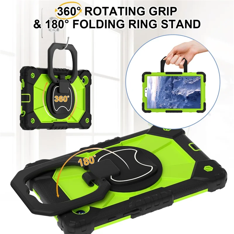 For Samsung Galaxy Tab A9 Kickstand Case PC+Silicone Tablet Cover with Shoulder Strap - Black+Yellowgreen