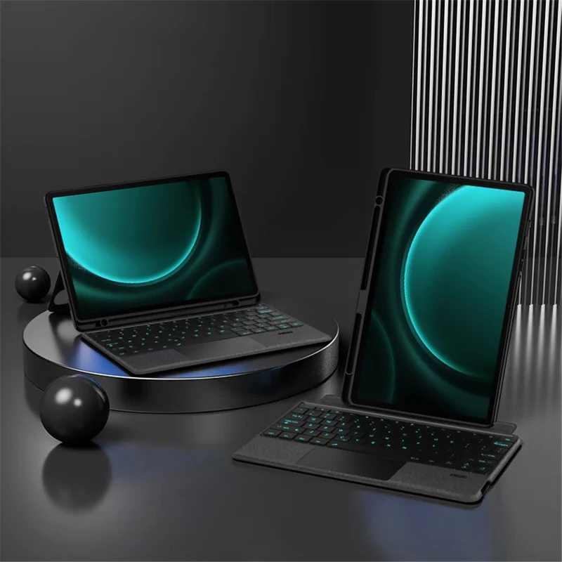 Für Samsung Galaxy Tab S9 FE+ Ledertasche + Bluetooth-kompatibale Tastatur mit Hintergrundbeleuchtung und Touchpad