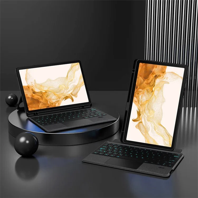 For Samsung Galaxy Tab S8+ / S7+ / S7 FE Leather Case + Bluetooth-Compatible Keyboard with Backlight Trackpad