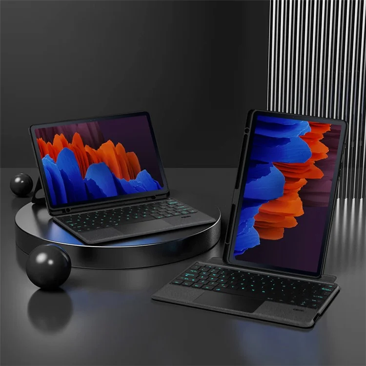 Für Samsung Galaxy Tab S7+ Lederetui + Bluetooth-Tastatur mit hintergrundbeleuchteter Touchpad