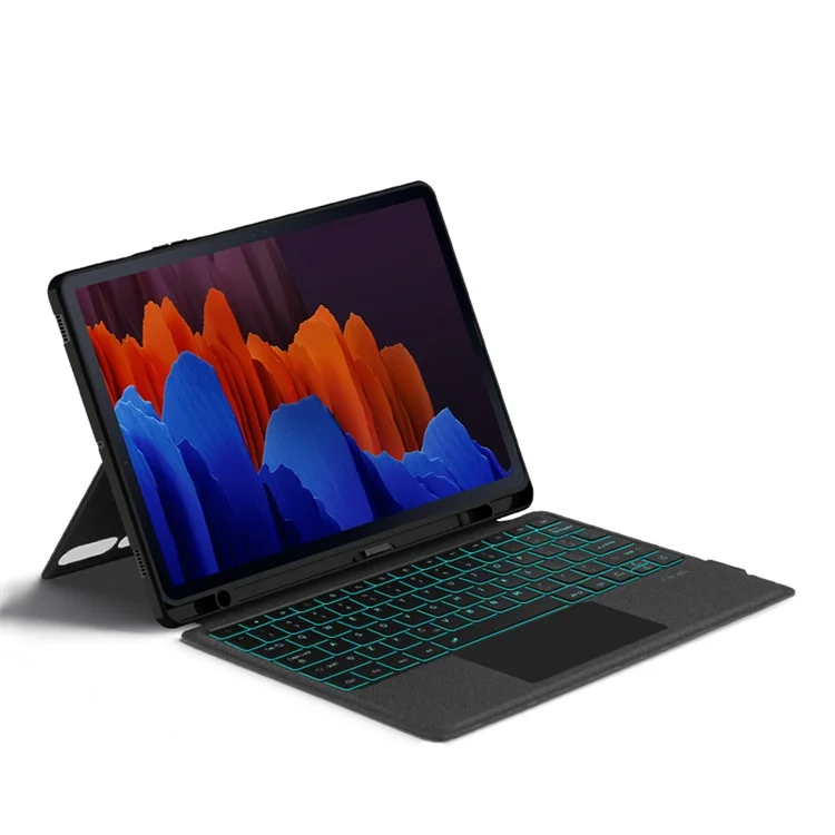 Für Samsung Galaxy Tab S7+ Lederetui + Bluetooth-Tastatur mit hintergrundbeleuchteter Touchpad