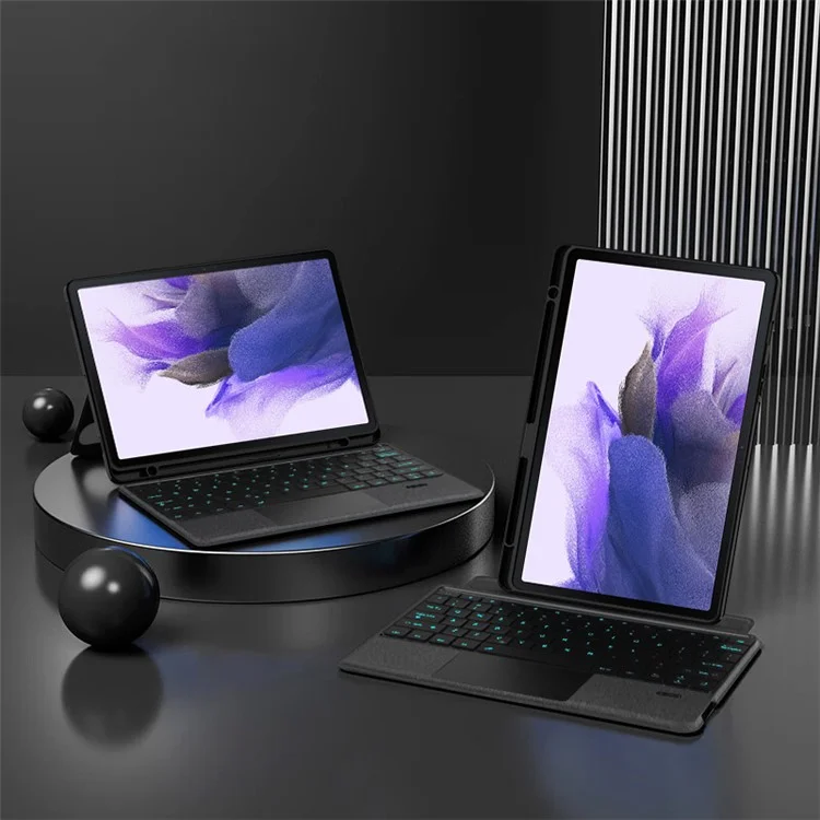 Für Samsung Galaxy Tab S7 FE Lederhülle + Bluetooth-Tastatur mit Hintergrundbeleuchtung Touchpad